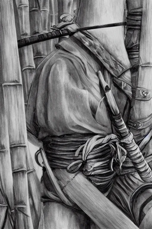 Image similar to close up of samurai warrior in a bamboo forest, a realistic illustration by david benzal, eddie mendoza