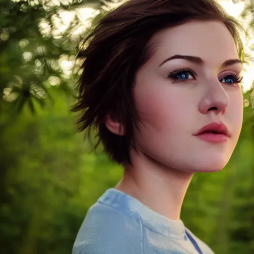 Prompt: an hd photo of a young woman with short brown hair and green eyes, trees in the background, night sky with stars and galaxies, trending on artstation, candid, profile photo