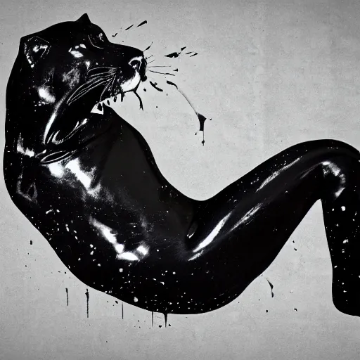 Image similar to a shiny black goo covered panther laying on a tar covered white couch in a living room, dripping and drooling black goo. digital art