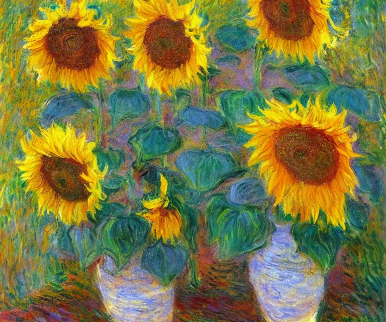 Image similar to sunflowers, monet, oil painting, bright colors, sunlight, happy, peaceful, serene, joy