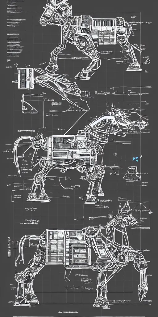 Image similar to robotic cowboy axonometric blueprint, plans, infographic, year 1850