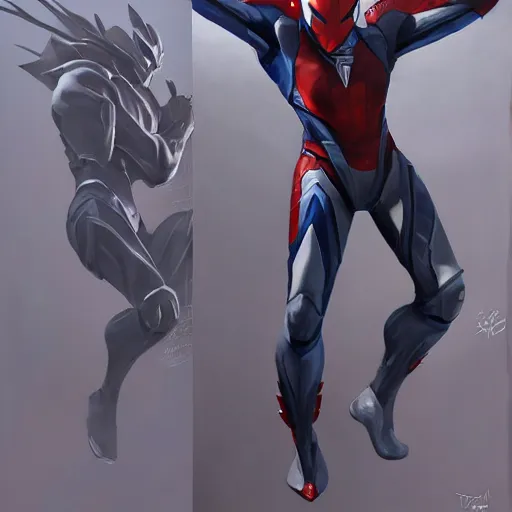 Image similar to greg manchess portrait painting of armored spiderman ultraman grey fox from metal gear cyborg gay japanese - american hybrid as overwatch character, medium shot, asymmetrical, profile picture, organic painting, sunny day, matte painting, bold shapes, hard edges, street art, trending on artstation, by huang guangjian and ail elvgren and sachin teng