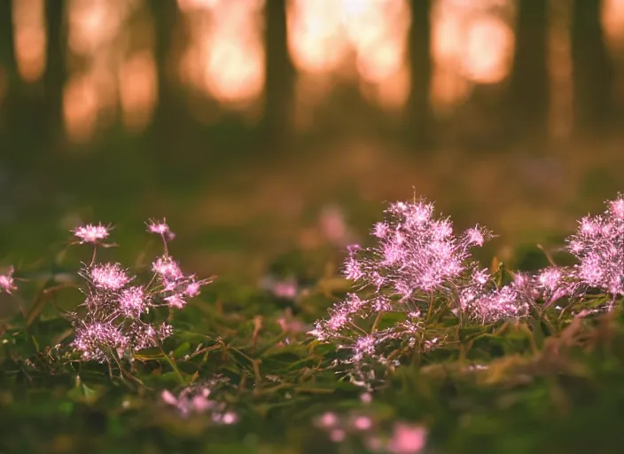 Prompt: a magical forest with delicate flowers that glow in the dusk, macro close up, bokeh,