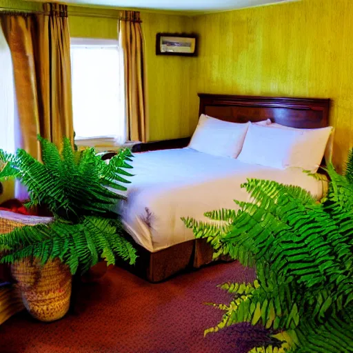 Image similar to a shady motel room covered with ferns