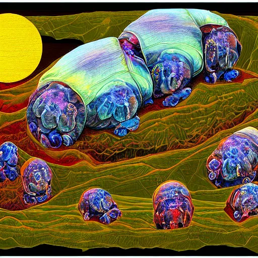 Prompt: cozy place for tardigrades, dmt art