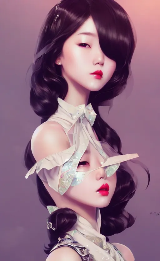 Image similar to a pin up and beautiful fashion charming dreamlke korea girl with lv jewelry, character art, art by artgerm lau and kyoung hwan kim and and ilya kuvshinov and john singer sargent, hyperdetailed, 8 k realistic, symmetrical, frostbite 3 engine, cryengine, dof, trending on artstation, digital art