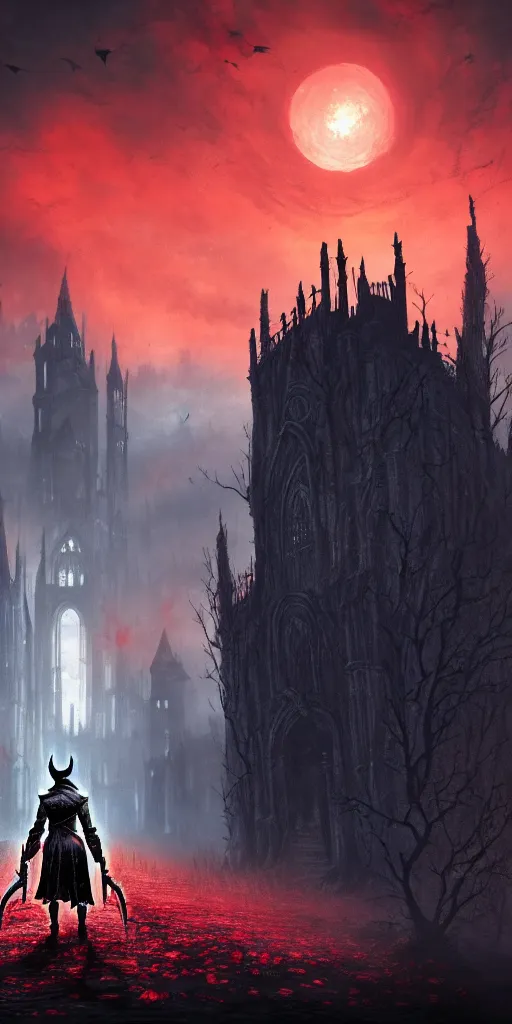 Prompt: abandoned bloodborne old valley with a person at the centre and a ruined gothic city at the end with a big castle, trees and stars in the background, falling red petals, epic red - orange moonlight, perfect lightning, wallpaper illustration by niko delort and kentaro miura, 4 k, ultra realistic