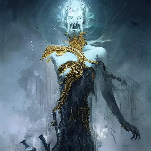 Image similar to a beautiful terrifying monster made out of crystal and gold. ethereal horror fantasy art by greg rutkowski