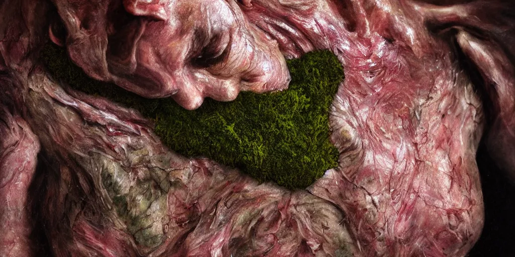 Prompt: details of moss growing on flesh and skin, meat, petals flower texture details, painitng, wrinkles and muscle tissues, stab wound, oil on canvas, 4k, 8K, photorealistic, soft light, cinematic lighting, sharp, contrasting, dramatic light