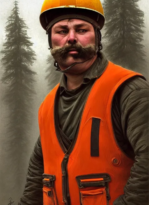 Image similar to a russian railroad electrician!!!, male!!, wearing orange vest!! helmet, straps, siberian forest!!, portrait, dirty, fat, ugly, intricate, elegant, highly detailed, digital painting, artstation, concept art, wallpaper, smooth, sharp focus, illustration, art by artgerm and greg rutkowski and alphonse mucha