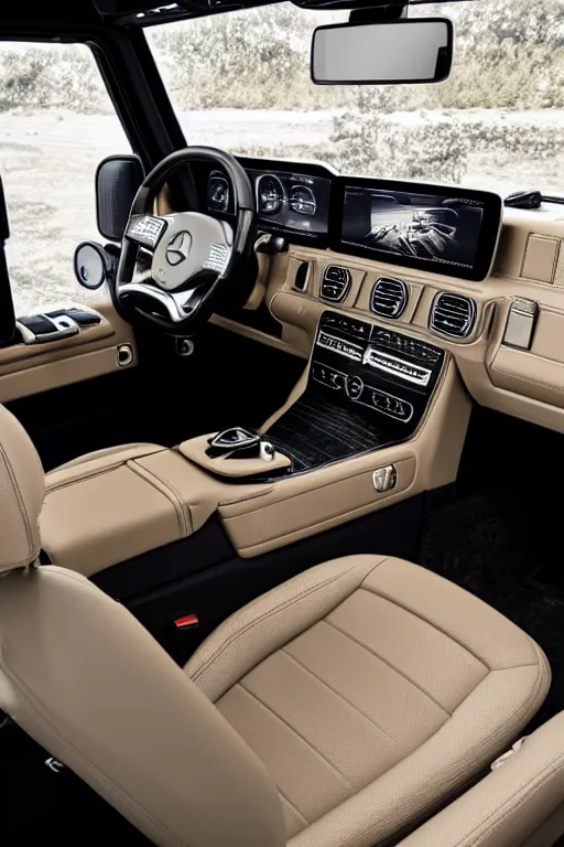 Image similar to Interior photo of a 2018 Mercedes-Benz G63, beige leather, highly detailed, natural light.