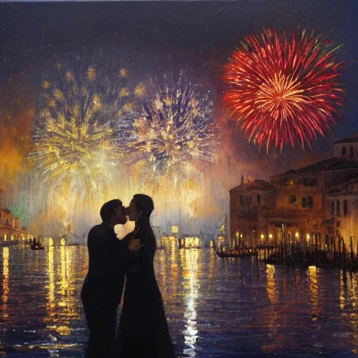 Image similar to an oil painting of couple kissing, in a background fireworks in venice