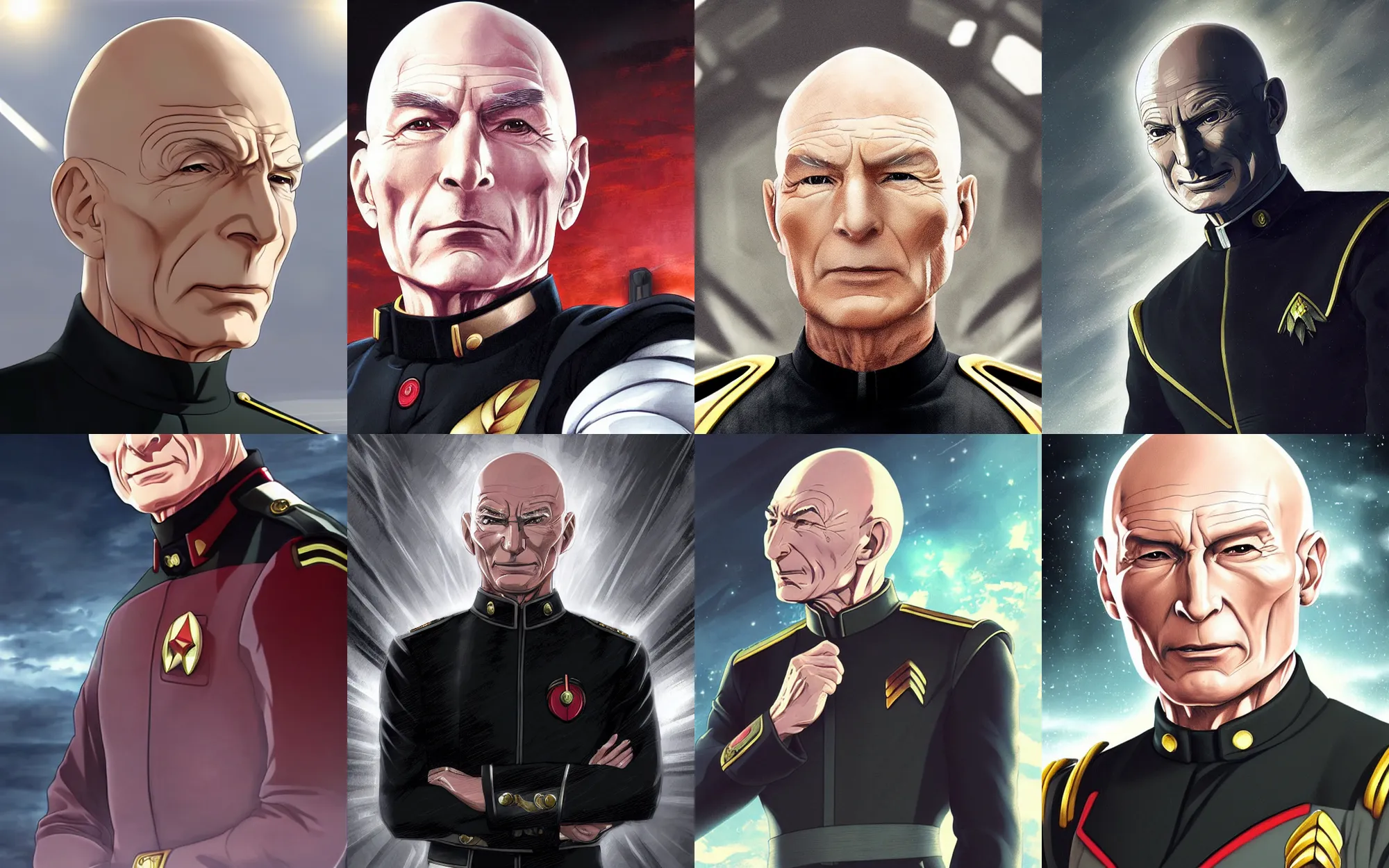 Prompt: Digital anime art by WLOP and Mobius, Closeup of Captain Picard wearing a black uniform from The Next Generation, silver insignia, serious expression, [empty warehouse] background, highly detailed, spotlight