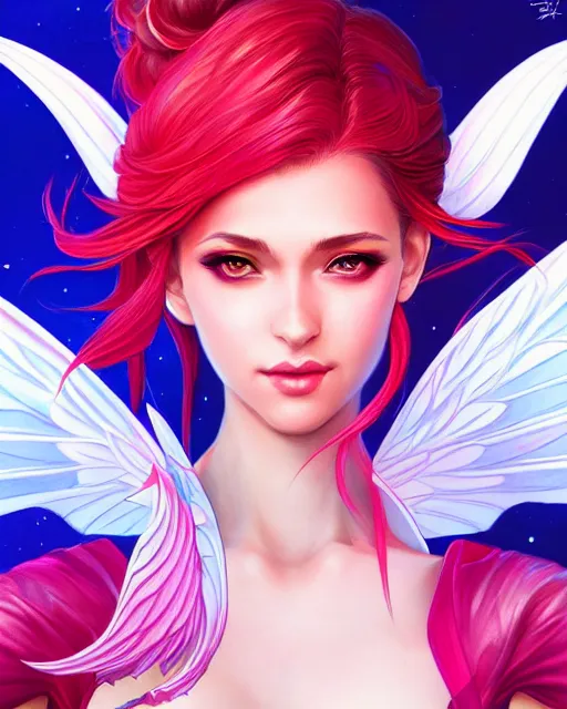 Image similar to 3 / 4 view of woman with wings, confident pose, pixie character, video game genshin impact, intricate, elegant, sharp focus, illustration, bright colors, concept art, matte, magali villeneuve, artgerm, anime, trending on artstation