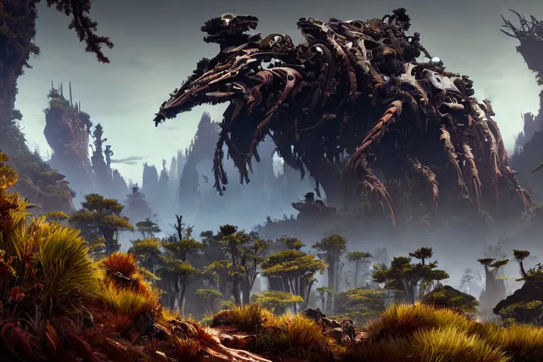 Image similar to wide epic shot from horizon forbidden west with a view on a hyper detailed organic mechanic creatuve realistic similar look as horizon forbidden west horizon zero dawn, bioluminiscence in a dark deep forest at dawn in spring, with reflection and textures, by kilian eng, substance painter reaslitic mech surface metal painted scratches, world env from horizon forbidden west horizon zero dawn