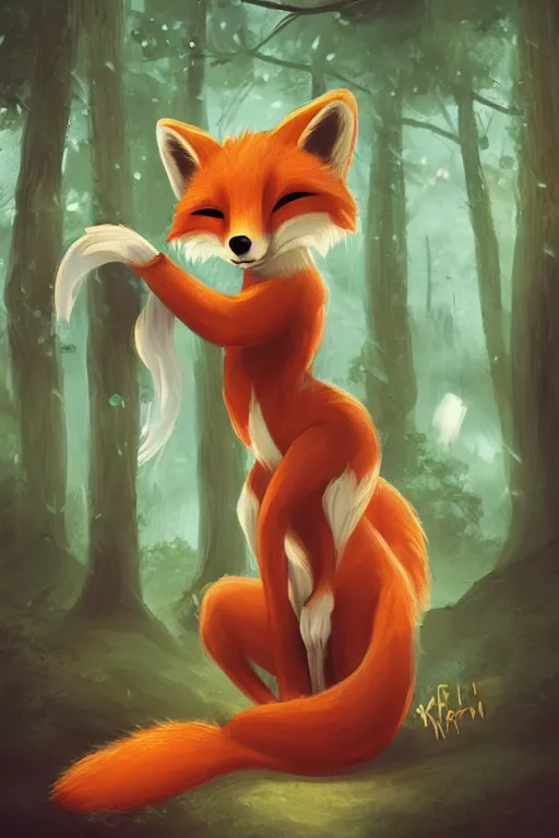 Image similar to a pretty medieval anthropomorphic fox with a fluffy tail in the forest, comic art, trending on furaffinity, cartoon, kawaii, backlighting, furry art!!!, radiant light, bokeh, trending on artstation, digital art