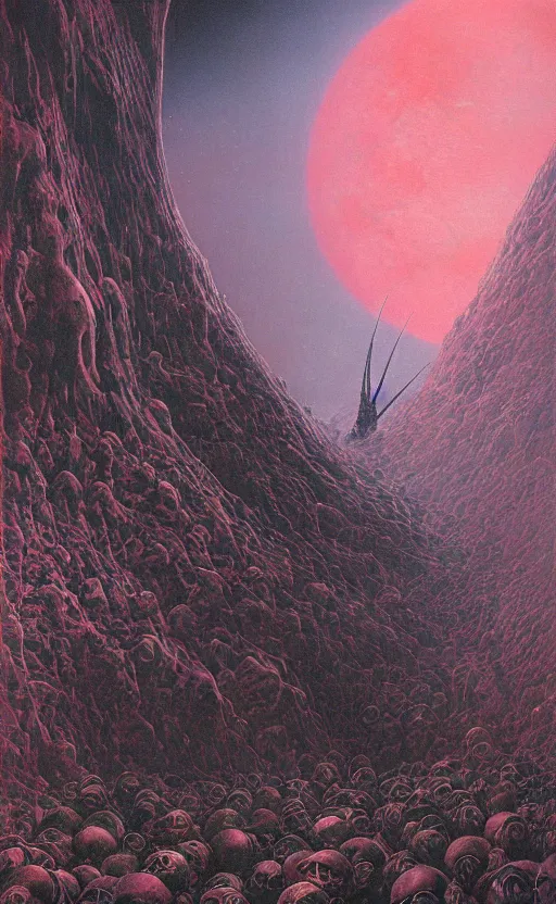 Image similar to meditation on the background of a huge crimson moon, by wayne barlowe