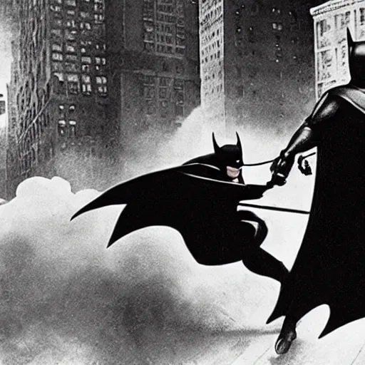 Image similar to old black and white photo, 1 9 1 3, depicting batman fighting a bad guy in an ally of new york city, rule of thirds, historical record