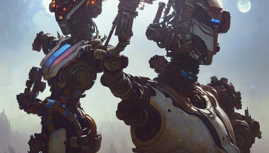 Image similar to a warrior robot astronaut, floral! looks like a machine from horizon zero dawn, posing for a fight intricate, elegant, highly detailed, digital painting, establishing shot, an epic fantasy, artstation, concept art, smooth, sharp focus, illustration, art by artgerm and greg rutkowski and alphonse mucha, 8 k