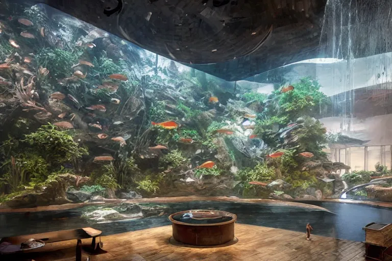 Image similar to modern museum with freshwater aquariums as walls, hyper realistic, ambient lighting, concept art, intricate, hyper detailed, smooth, dynamic volumetric lighting, octane, raytrace, cinematic, high quality, high resolution, 4 k, cgsociety, rutkowski, gurney