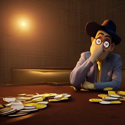 Image similar to portrait of bookmaker with money in hands sly cunning pixar style animation 3d extremely gloomy lighting, shining light and shadow, atmospheric, cinematic, unreal Engine, 8K