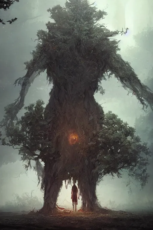 Image similar to a beautiful terrifying humanoid tree beast looms over a tiny human. at dawn, ethereal fantasy art by greg rutkowski