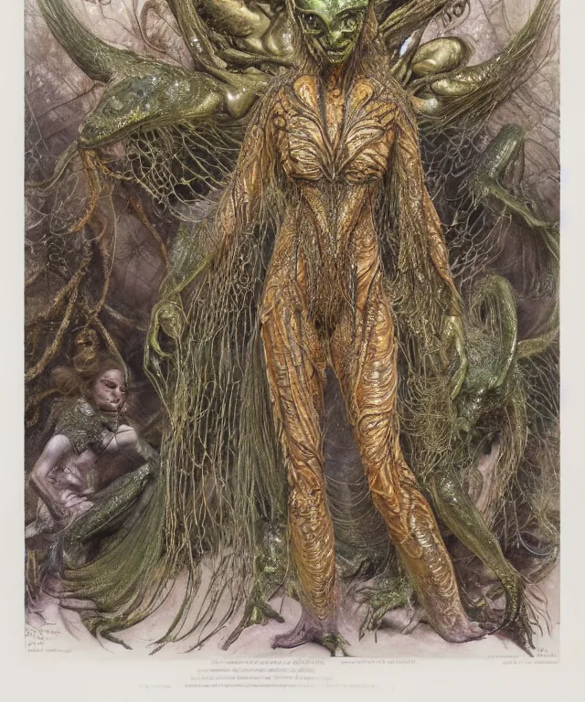 Prompt: a portrait photograph of a fierce sadie sink as an alien harpy queen with slimy amphibian skin. she is trying on a lace bulbous feathered slimy organic membrane parasite catsuit and transforming into an insectoid amphibian. by donato giancola, walton ford, ernst haeckel, brian froud, hr giger. 8 k, cgsociety
