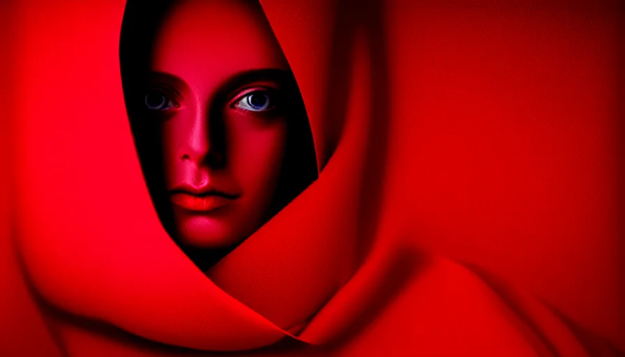 Image similar to photograph of enigmatic figure wrapped in red sheet in darkness, high contrast, hard light, digital art, rendering, cloth simulation, redshift