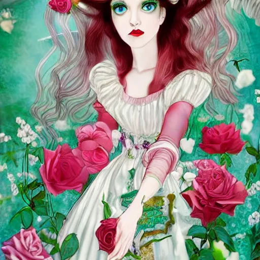 Image similar to Alice in Wonderland at the tea party, she looks like a mix of grimes, Aurora Aksnes and Lana Del rey, childlike, billowing elaborate hair and dress, strings of pearls, surrounded by red and white roses, digital illustration, inspired by a stylistic blend of Aeon Flux, Japanese shoujo manga, and John singer Sargent paintings, hyper detailed, dreamlike, otherworldly and ethereal, delicate, flower petals, super photorealistic, iridescent, prismatic light, extremely fine inking lines