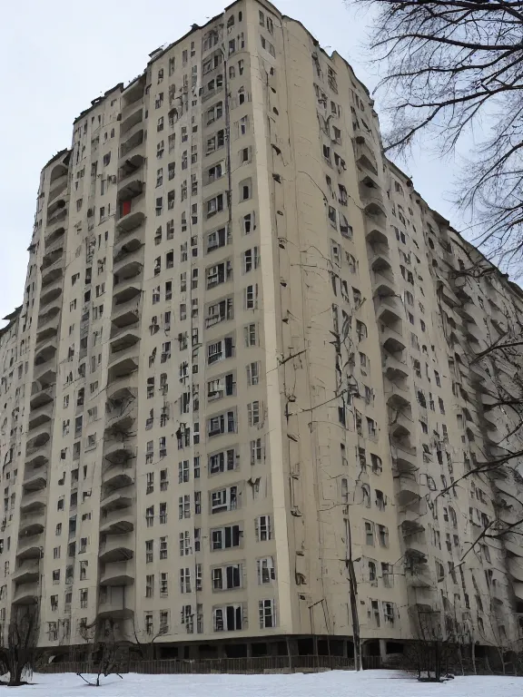 Image similar to low - cost soviet panel apartment building photo, extreme wide shot