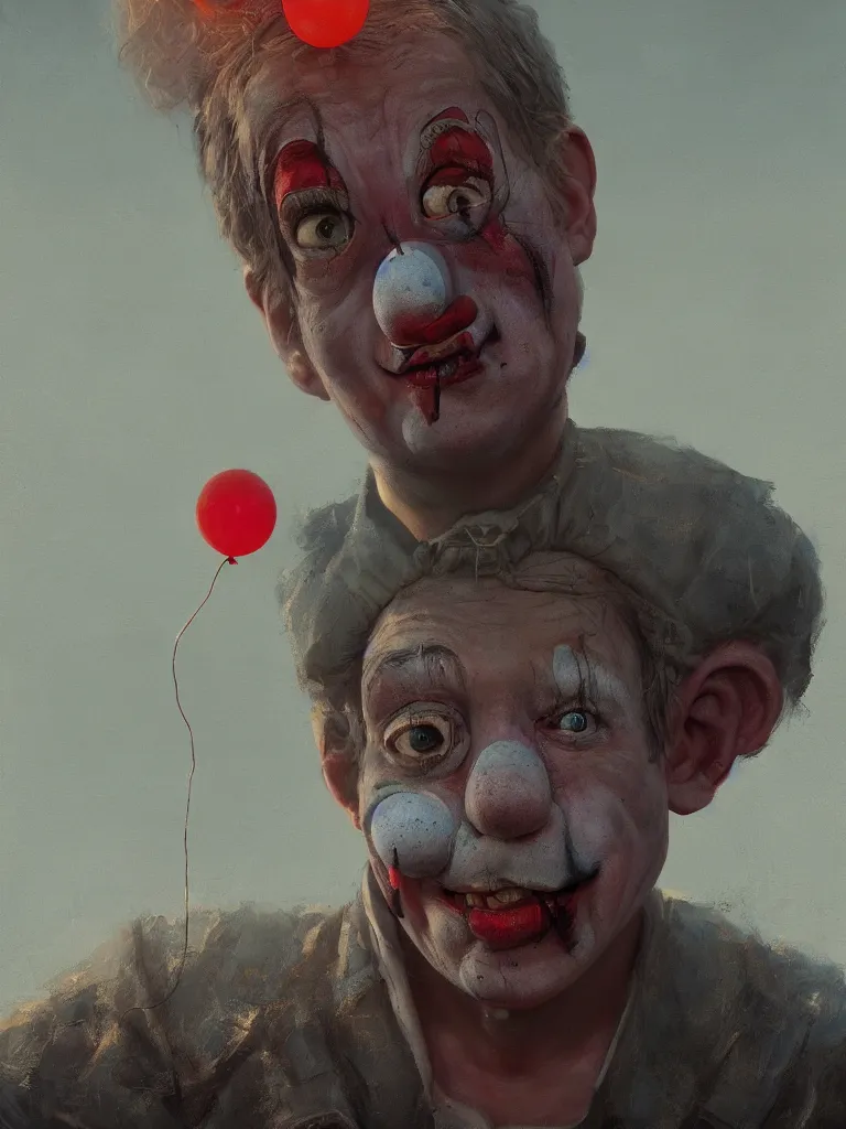 Prompt: a portrait of a sad and helpless clown in a painting from stalenhag, 4 k, 8 k, hdr, artstation, concept art