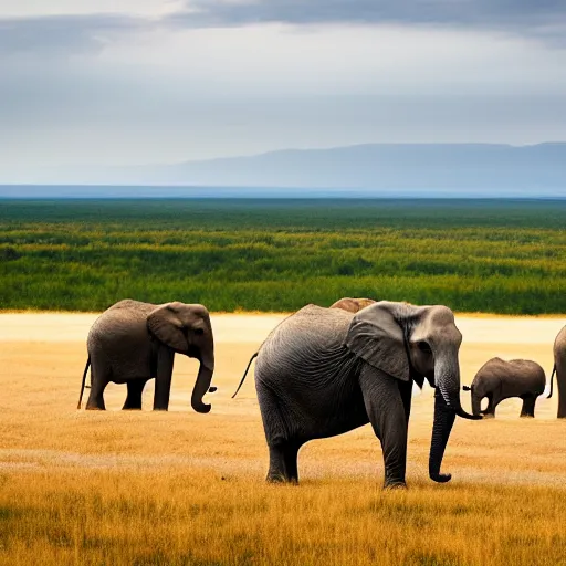 Prompt: an elephant herd in a vast plain, cinematic lighting, national geographic photography, masterpiece, wide angle, canon eos r 3, f / 1. 4, iso 2 0 0, 1 / 1 6 0 s, 8 k, raw, unedited, symmetrical balance