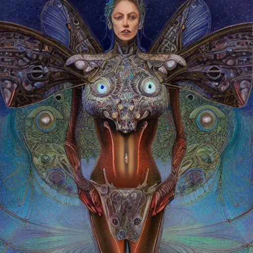 Prompt: realistic illustration of a beautiful rusted mechanical faerie queen with glowing eyes, moth wings with geometric patterns, reflective detailed textures, baroque dark fantasy science fiction painting by donato giancola and diego rivera and jean delville and michael whelan, silver and cool colors, artstation, octane render