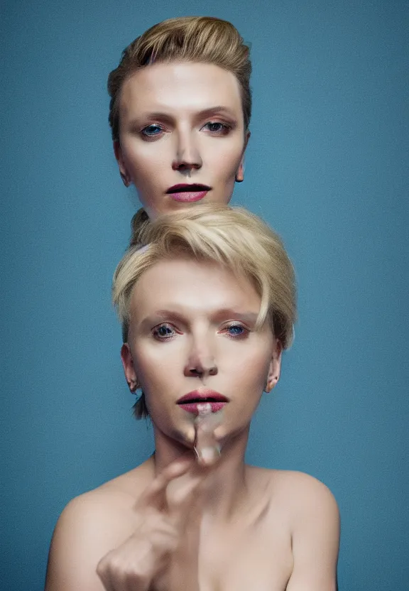 Image similar to portrait photo photo of Scarlett Johansson:: symmetric face, symmetric eyes, slight smile, photo by Annie Leibovitz, 85mm, teal studio backdrop, Getty images