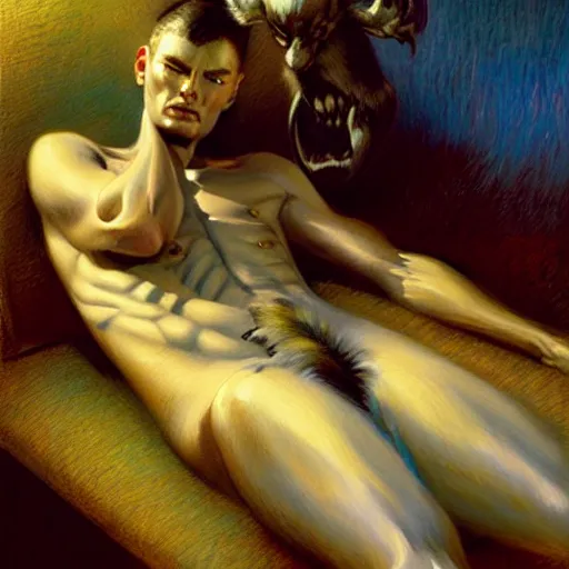 Image similar to a portrait of a furry alien human hybrid sleeping on the couch. highly detailed painting by gaston bussiere, craig mullins, j. c. leyendecker, furry