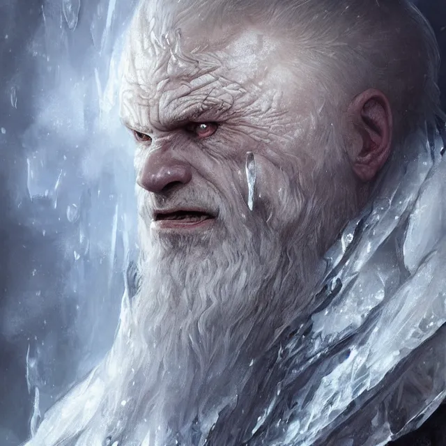 Prompt: portrait of ice barbarian old man demon covered in ice, game of thrones, diablo, magic, d & d, fantasy, elegant, highly detailed, digital painting, artstation, concept art, cinematic lighting, illustration, art by artgerm, greg rutkowski and alphonse mucha