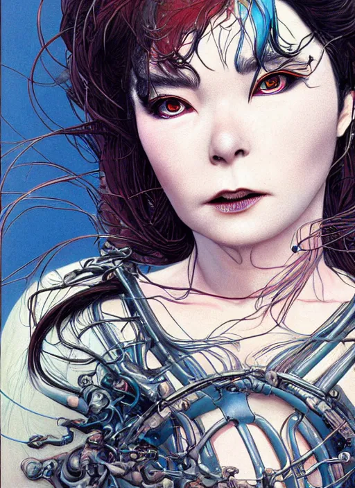 Image similar to realistic detailed painting of Bjork by yoshitaka amano, Masamune Shirow and rebecca guay and Moebius, Neo-Gothic, Cyberpunk, rich deep colors