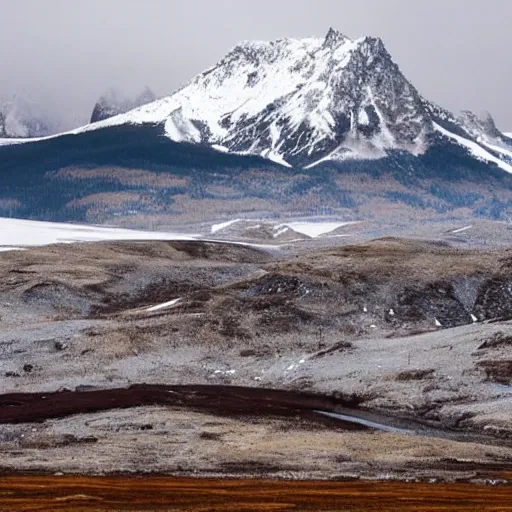 Image similar to a artic landscape with a large, satanic temple on it. mountains that are snow capped are in the background. there is a group of black hooded cultists at the top of the satanic temple. overcast sky, snowing, grainy.