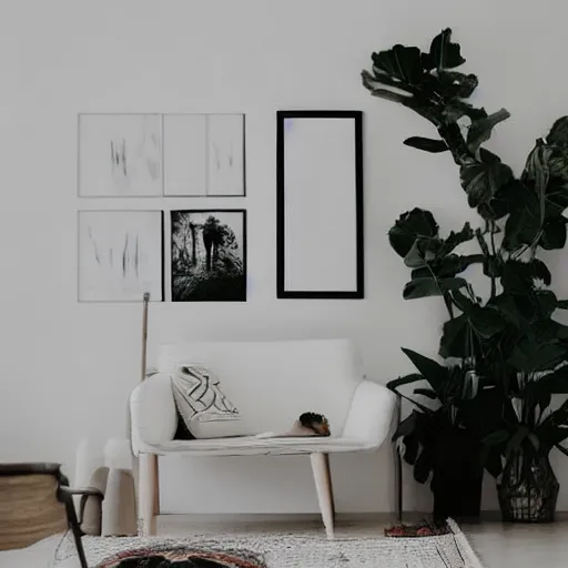 Image similar to a minimalist boho mockup photo with large blank frame, in a white studio, white walls, trending on pinterest and etsy