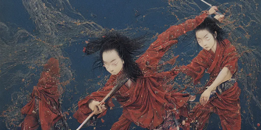 Image similar to Japanese schoolgirl runs away from Samurai with a katana on the subway, high detailed Beksinski painting, part by Adrian Ghenie and Gerhard Richter. art by Takato Yamamoto. deep colours, blue