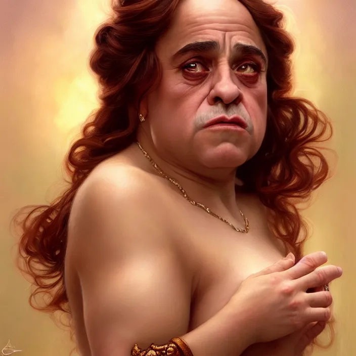 Image similar to Princess Danny Devito, diffuse lighting, fantasy, intricate, elegant, highly detailed, lifelike, photorealistic, digital painting, artstation, illustration, concept art, smooth, sharp focus, art by John Collier and Albert Aublet and Krenz Cushart and Artem Demura and Alphonse Mucha and Vladimir Kush