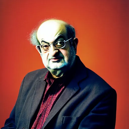 Image similar to kodachrome photographic portrait of author, salman rushdie from the year 3 0 0 0, portrait by annie liebowitz