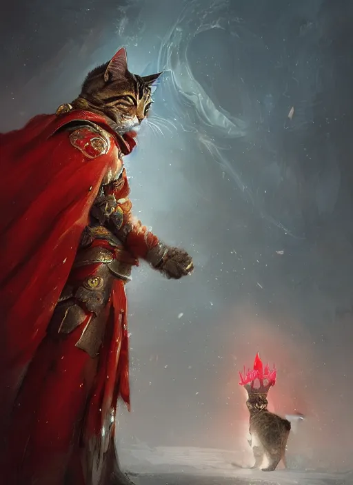 Image similar to side profile of a cat king wearing a crown and red cape, fantasy, digital painting, volumetric light, intricate, sharp, focus, bloom, illustration, highly detailed, concept art, matte, ruan jia, randy vargas, greg rutkowski