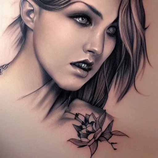 Image similar to tattoo design, beautiful portrait of a girl looking up and to the right by artgerm, artgerm