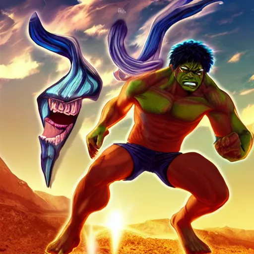 Image similar to epic anime battle between the king tut and the incredible hulk, digital art, game art, character design, trending on artstation, ultra realistic, ultra detailed