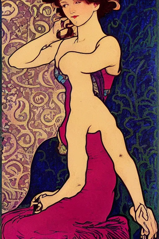 Image similar to portrait en buste of flapper girl of the roaring 20s art nouveau by Alphonse Mucha, by Aubrey Beardsley, by Gustav Klimt, by Maxfield Parrish, by Gerda Wegener, by Henri de Toulouse-Lautrec, bold moody colors, flamboyant clothes, bright gothic, roaring twenties