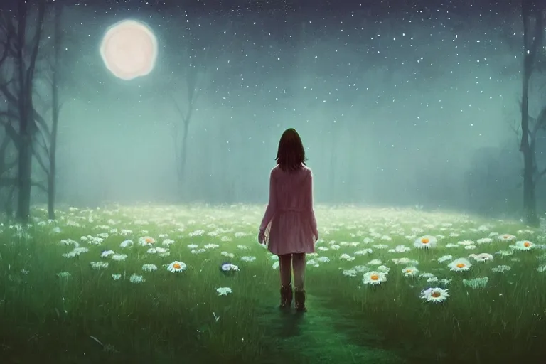 Image similar to giant white daisy flower head, girl walking in dark forest, surreal photography, dark night, stars, moon light, impressionist painting, clouds, digital painting, artstation, simon stalenhag