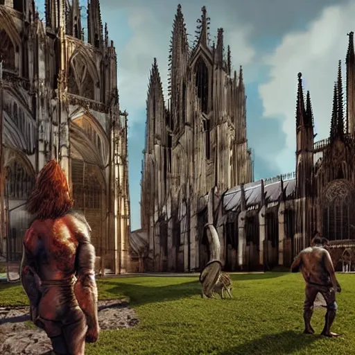 Prompt: a hyper real comic book style portait painting of the cathedral of cologne germany in the stone age with dinosaurs, unreal 5, hyperrealistic, octane render, cosplay, rpg portrait, dynamic lighting