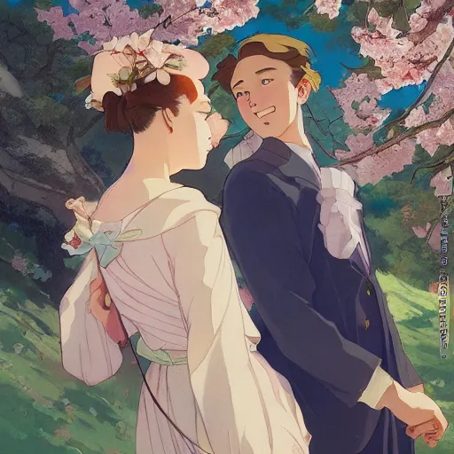 Prompt: couple enjoying hanami, in the style of studio ghibli, j. c. leyendecker, greg rutkowski, artem, high resolution