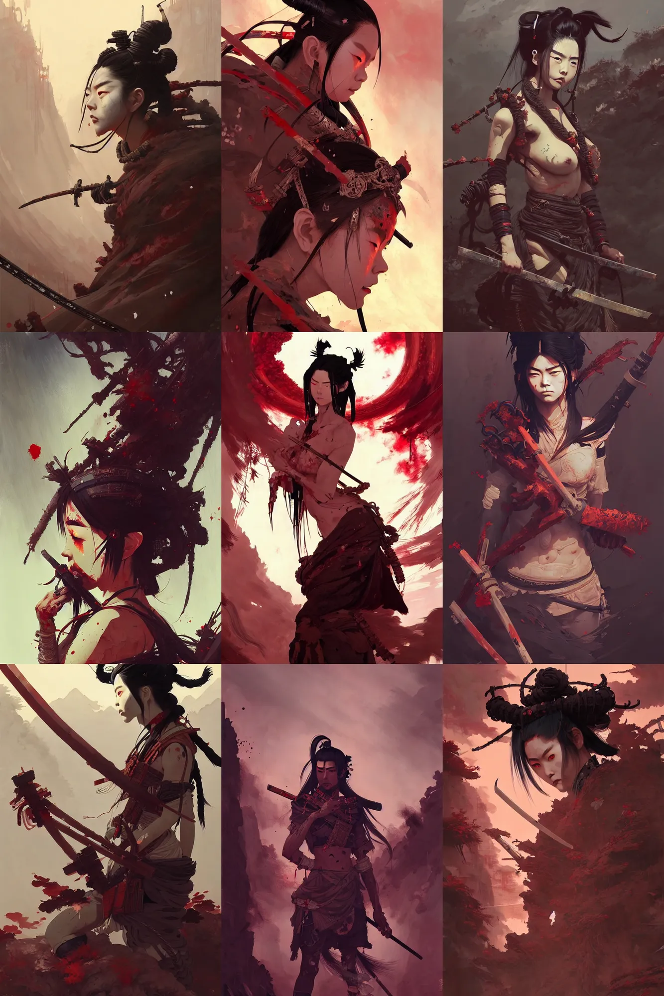 Prompt: beautiful! painting of a hellish post apocalyptic feudal japan, realistic, hyper detailed, concept art, in style of pan ren wei, greg rutkowski, ilya kuvshinov, greg tocchini, james gilleard, joe fenton, kaethe butcher, chiaroscuro, anime aesthetic